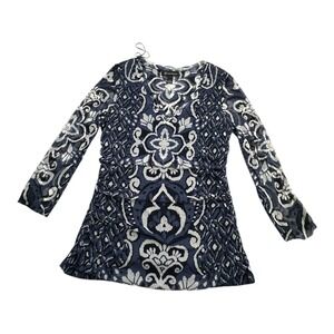 INC International Concepts Womens XL Sheer Top Long Sleeve Blue White Patterned